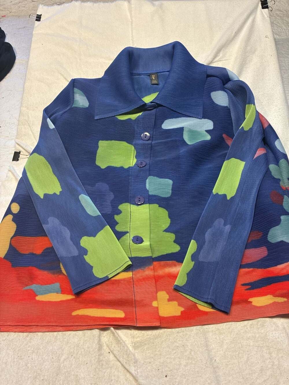 Vanité Couture Pleated Button-Down Shirt Multi-Color Abstract Print